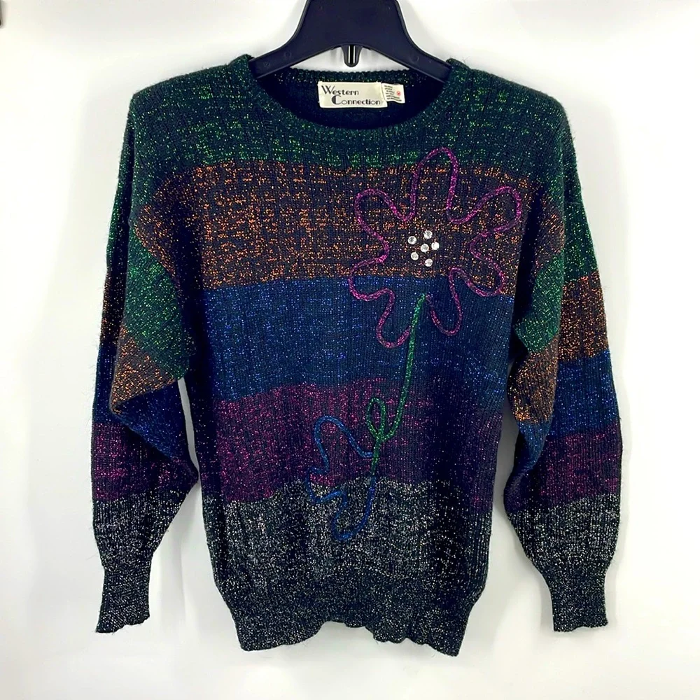 Vintage metallic multicolored daisy flower bling sweater Size Medium